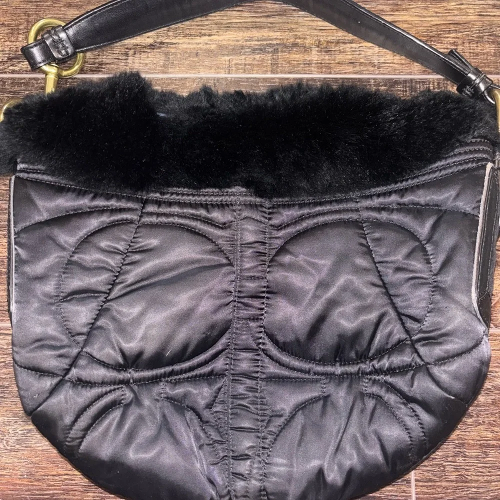Black Quilted Shoulder Bag with Faux Fur Trim